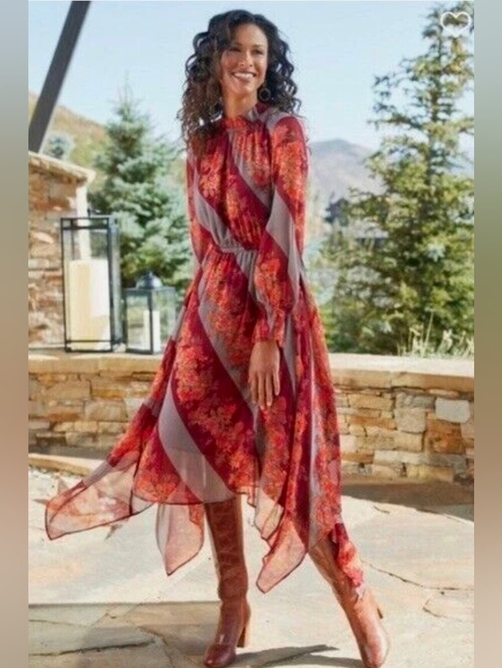 Soft Surroundings Red Floral Asymmetrical Handkerchief-Hem Dress